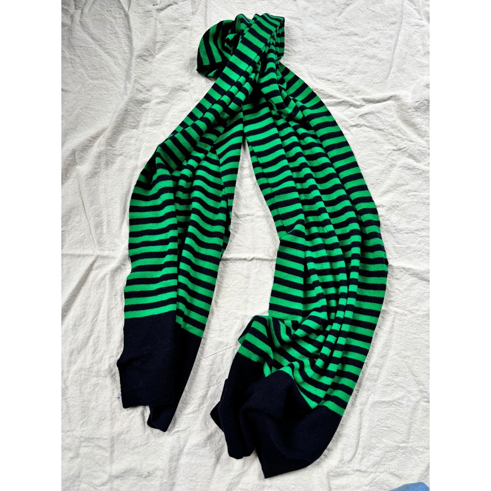 J.Crew 100% Wool Striped Wide Scarf Green Navy Blue Knit Winter Accessory Preppy